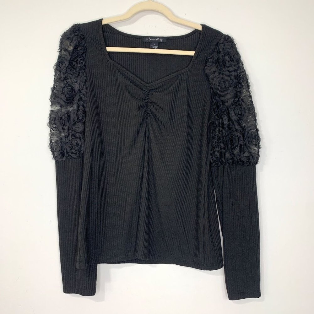 A LOVE‎ STORY Black Sweetheart Neck Romantic Sheer Sleeve Top Sz L